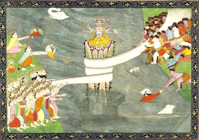 कूर्म अवतार — समुद्र मंथन चित्रकृति (~1870): जल में कूर्म पर मंदराचल, वासुकि-रज्जु थामे देव-दानव पंक्तियाँ